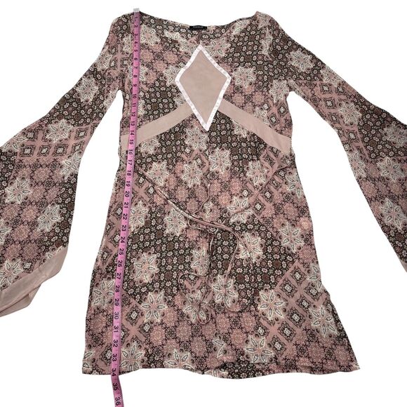 Kookai Mini Dress Size 2 Pink Brown Geometric Floral Long Sleeve Boho Hippie - Picture 9 of 12